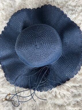 Women's Navy Wide-Brim Crochet Sun Hat with Tie Detail